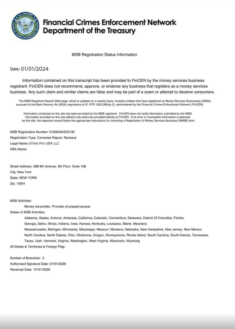 FinCEN MSB Registration Status Information for eToro Pro USA LLC